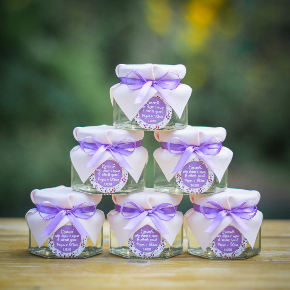 Бонбоньерка с медом на свадьбу в нежных тонах, 140 грамм