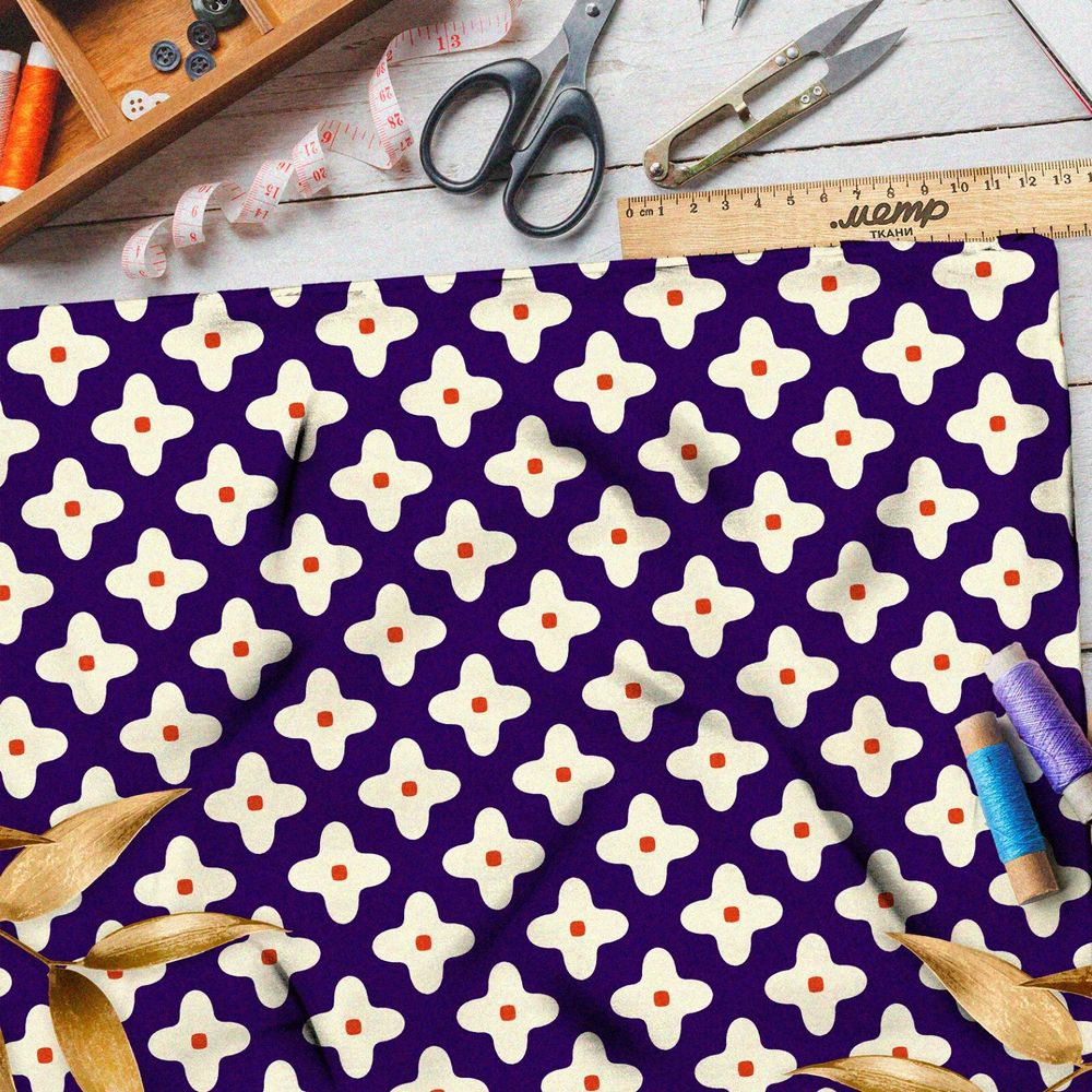 Ткань шелк Армани белые крестики с точкой на фиолетовом фоне