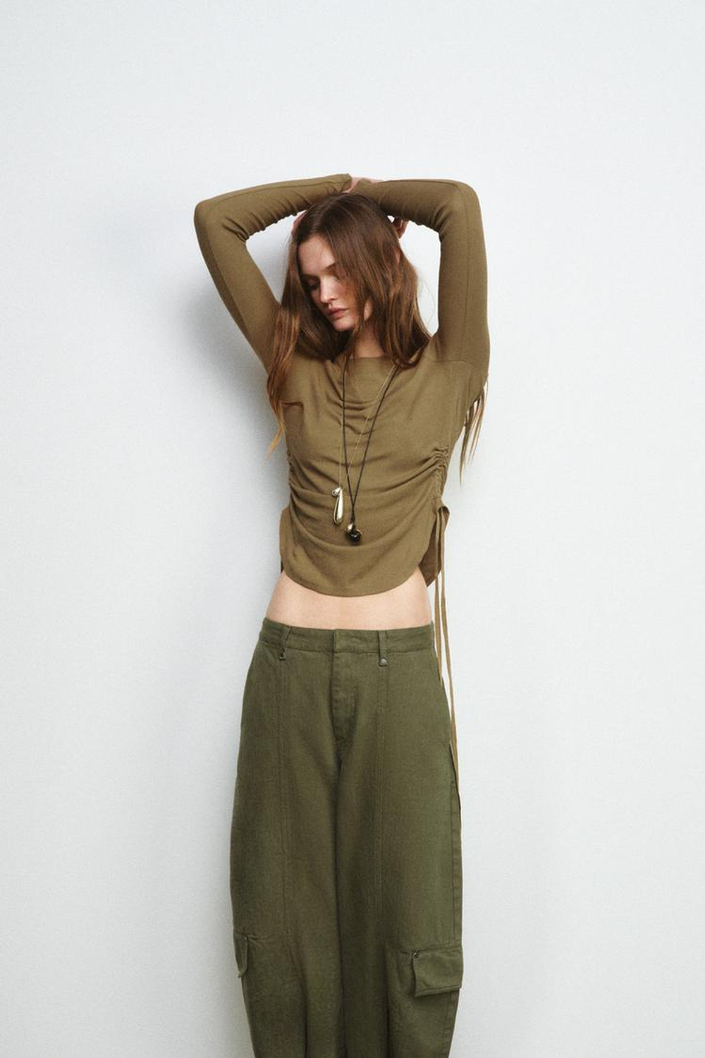 ZARA ФУТБОЛКА В СТИЛЕ РУСТИК СО ШНУРОВКОЙ, ТАБАЧНО-КОРИЧНЕВЫЙ