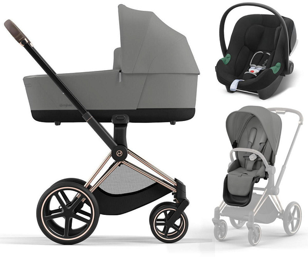Коляска 3 в 1 Cybex Priam IV Rosegold complete и автокресло Aton B2 i-Size Volcano Black Mirage Grey