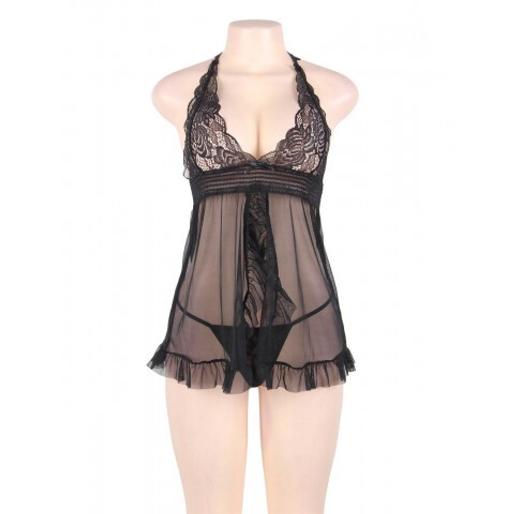 Комплект: черная прозрачная сорочка и стринги (размер XS-S)