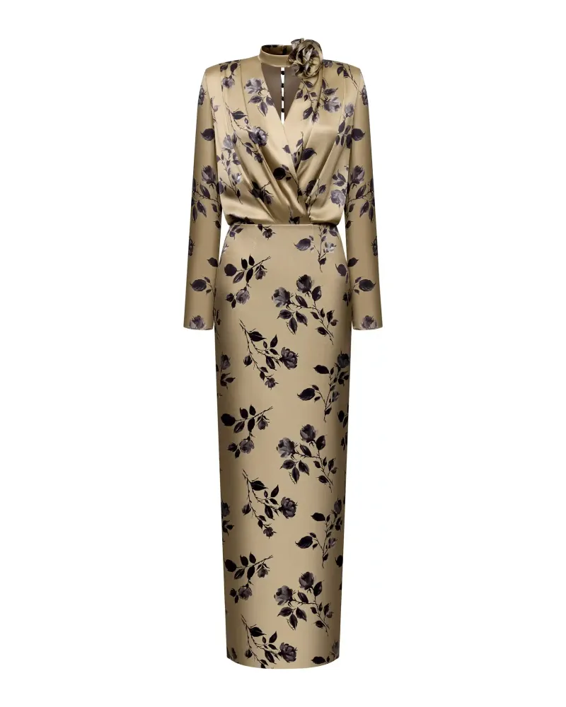 Jasmine maxi, платье макси из бежевого атласа со средним цветочным принтом