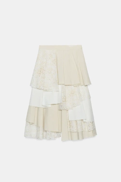 ZARA ЮБКА МИДИ В СТИЛЕ ПЭЧВОРК — ZW COLLECTION LIMITED EDITION, ЖЕЛТОВАТО-БЕЛЫЙ