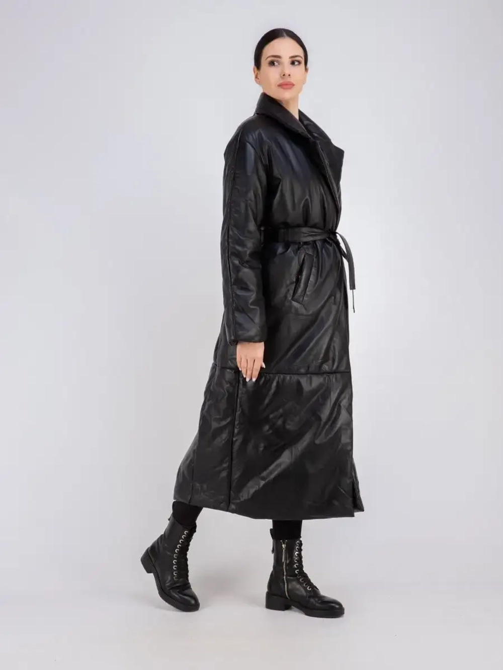 Пальто женское кожаное утепленное длинное Турция