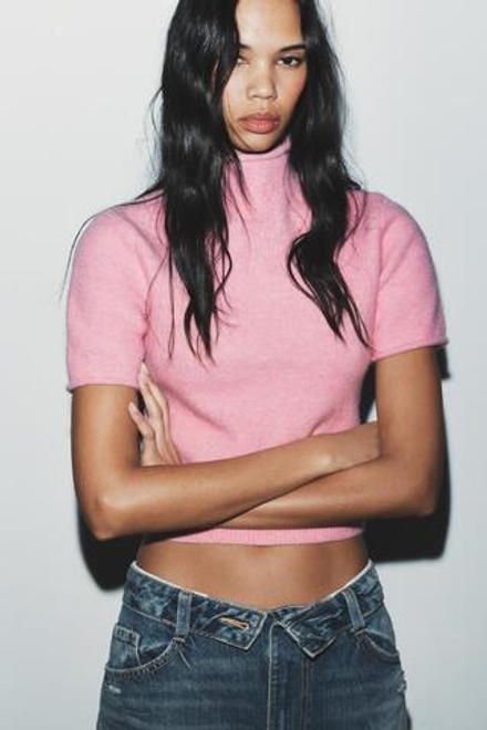 ZARA МЯГКИЙ СВИТЕР С КОРОТКИМИ РУКАВАМИ, РОЗОВЫЙ