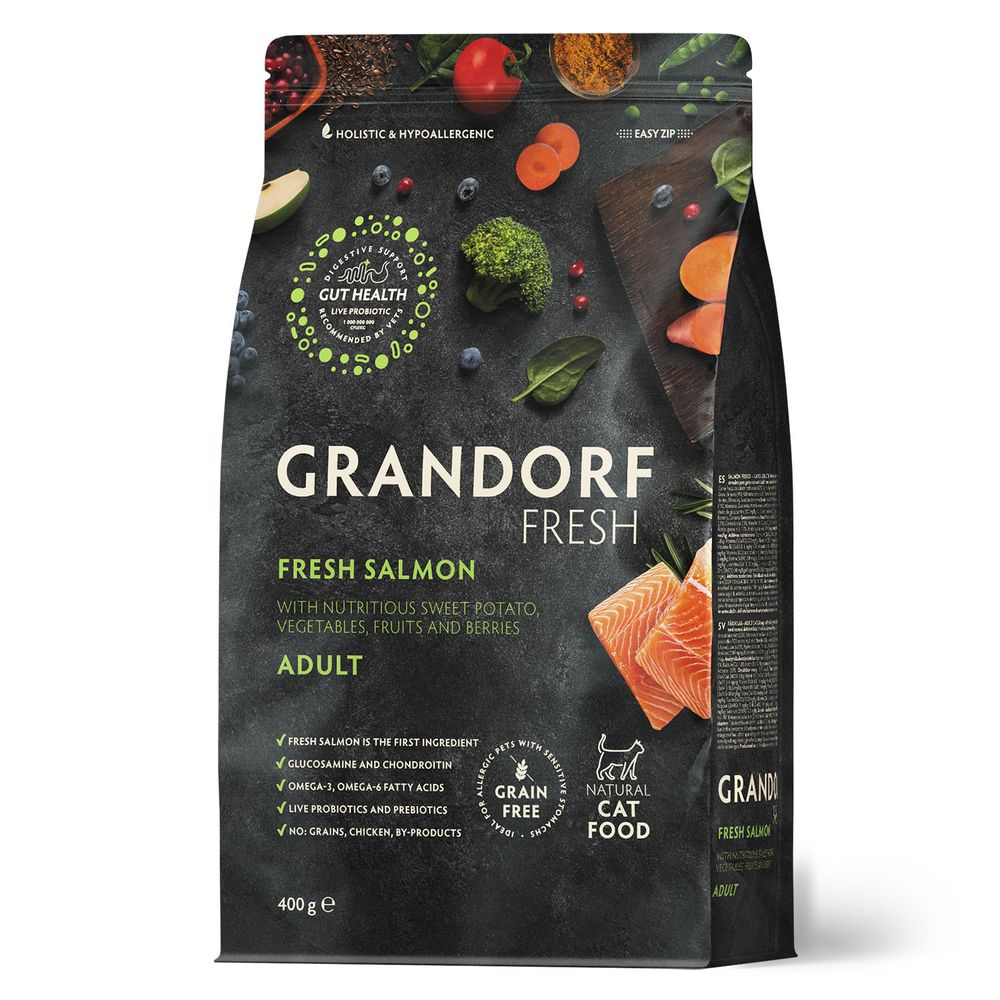 Беззерновой корм с живыми пробиотиками GRANDORF Fresh Cat ADULT Salmon&amp;Sweet Potato Свежее филе лосося с бататом для кошек 400 г