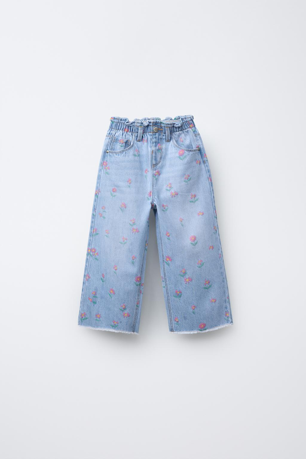 ZARA ДЖИНСЫ PAPERBAG С ЦВЕТОЧНЫМ ПРИНТОМ, ВЫЦВЕТШИЙ СИНИЙ