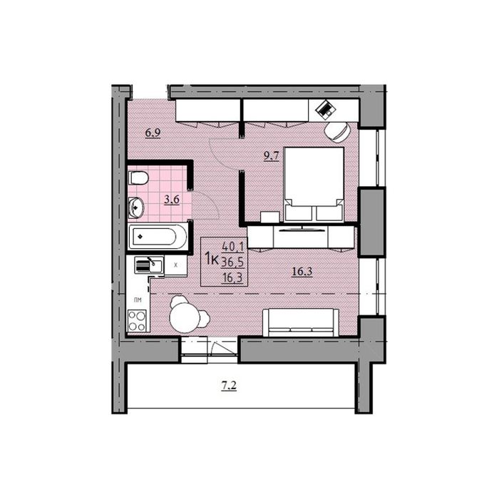 1-комнатная квартира, 36,5 м² / Чистовая отделка