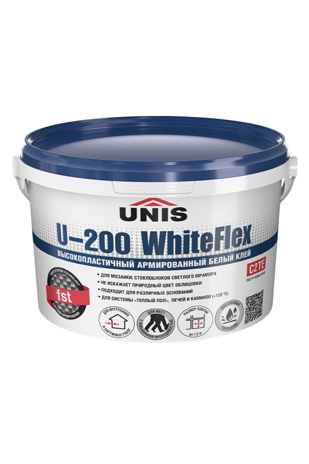 Клей UNIS U-200 WHITEFLEX С2ТЕ для керамогранита крупного формата белый 5 кг ведро