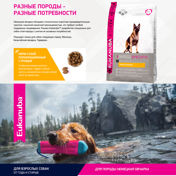 Сухой корм Eukanuba Dog German Shepherd для взрослых собак породы немецкая овчарка от года