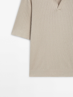 Massimo Dutti Поло из хлопка и льна в рубчик, светло-бежевый