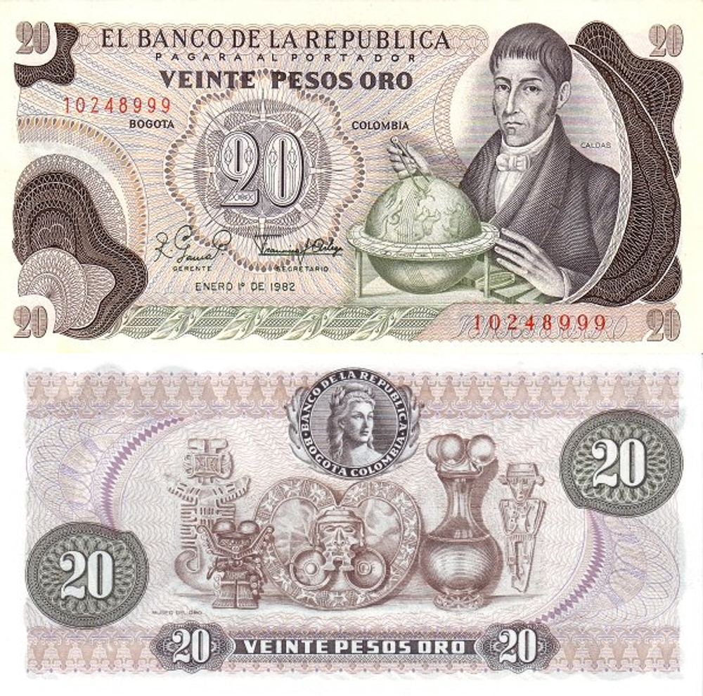 Колумбия 20 песо 1966-1983 Франсиско Хосе де Кальдас UNC