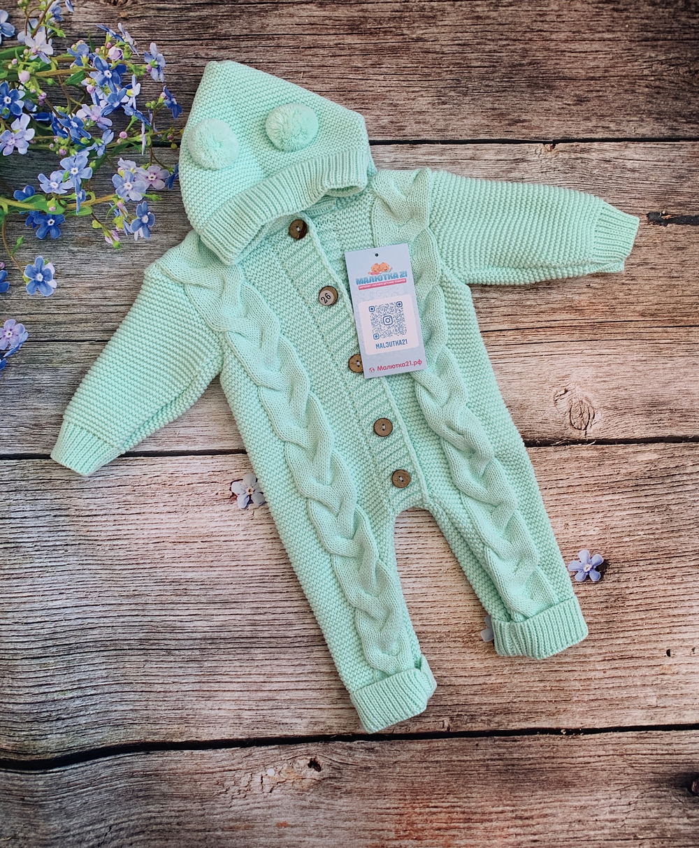 Комбинезон вязаный с капюшоном с пумпонами "АйШах" (штанишки) (Цвет: Фиолетовый, Размер: 26)