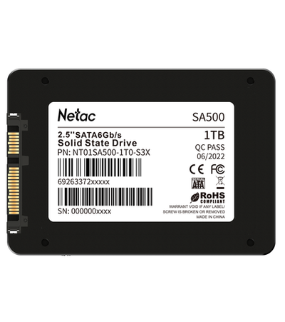 Ssd накопитель Netac SSD SA500 1TB 2.5 SATAIII 3D NAND, R/W up to 530/475MB/s, TBW 480TB, 3y wty