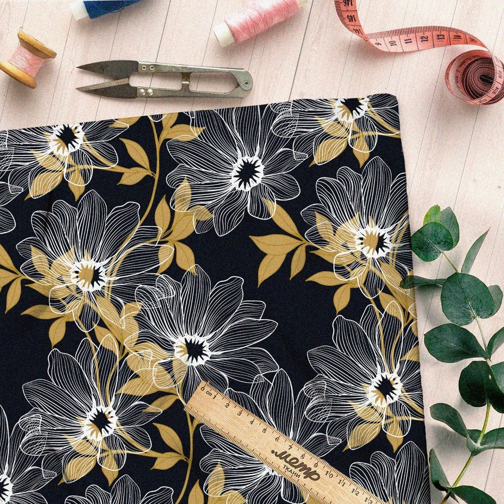 Ткань флис прозрачные цветы в золотом