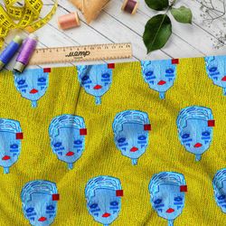 Ткань оксфорд 600 синие кукольные головы на жёлтом фоне