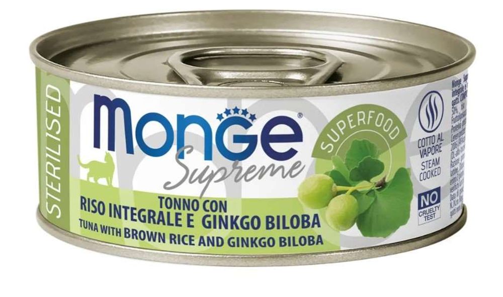 Monge Supreme sterilized для стерилизованных кошек из тунца с бурым рисом и гинкго билоба 80 г Monge Supreme sterilized для стерилизованных кошек из тунца с бурым рисом и гинкго билоба 80 г