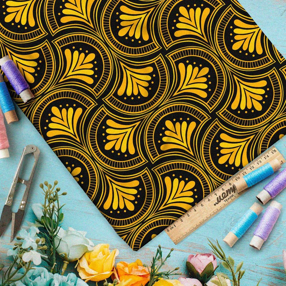 Ткань таффета жёлтый греческий узор на чёрном фоне