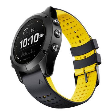 Ремешок дышащий Athlet 22 мм. для Garmin Fenix 7/6/5, EPIX 2, MARQ, Forerunner 935 / 945 / 955 / 965, instinct, instinct 2 двухцветный силиконовый быстросъемный (Черный/желтый)