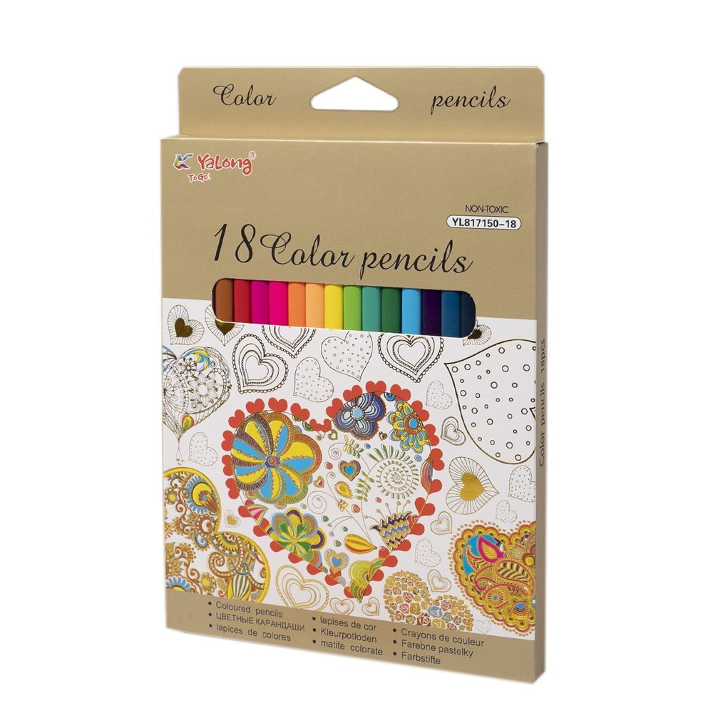 Карандаши цветные Yalong 18 цв., "Узоры-4" (цветок, птица, сердце) деревянные, трехгранные, заточенные, грифель 3.0 мм, картон. уп., европодвес