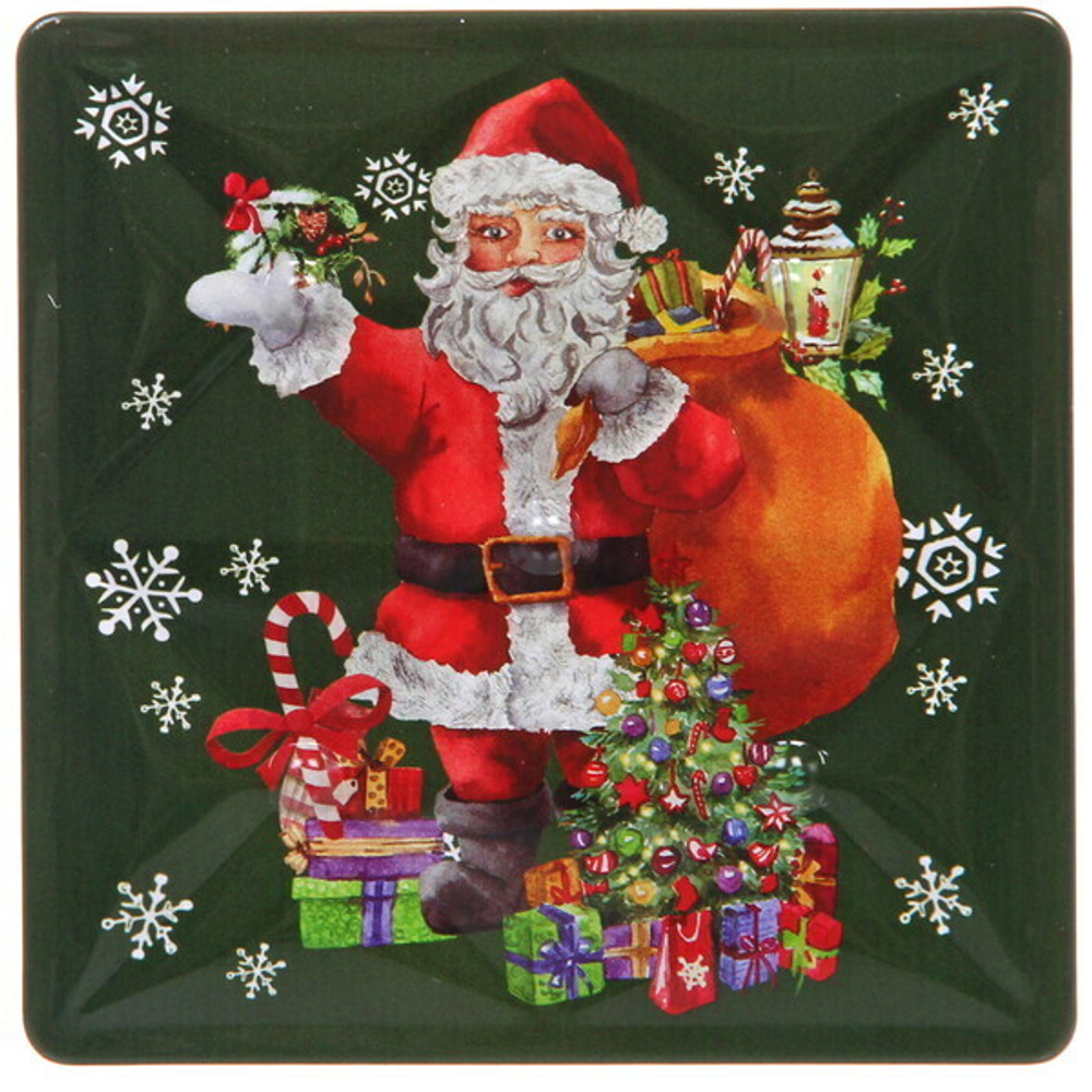 Банка жестяная 9*9*9см «Дед Мороз с подарком»