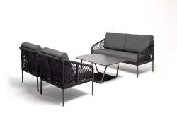 "Канны" диван 2-местный плетеный из роупа (узелки), каркас алюминий темно-серый (RAL7024) муар, роуп темно-серый круглый, ткань темно-серая 027