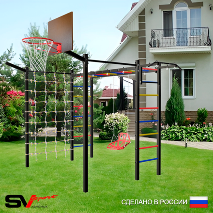 Уличная шведская стенка Sv Sport рукоход с комплектом турник прямой 2шт У5377К (Турник/Со спинкой/Щит баскет/Кронш бокс/Сетка)
