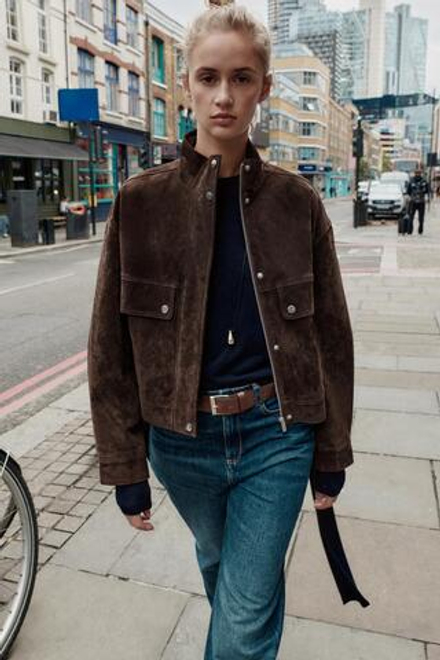 ZARA БОМБЕР ИЗ ЗАМШИ С КАРМАНАМИ, КОРИЧНЕВЫЙ МЕЛАНЖ