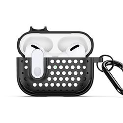 Усиленный чехол черного цвета с белой кнопкой от Dux Ducis для наушников Airpods Pro 2, серия PECM Series Case, в комплекте с карабином