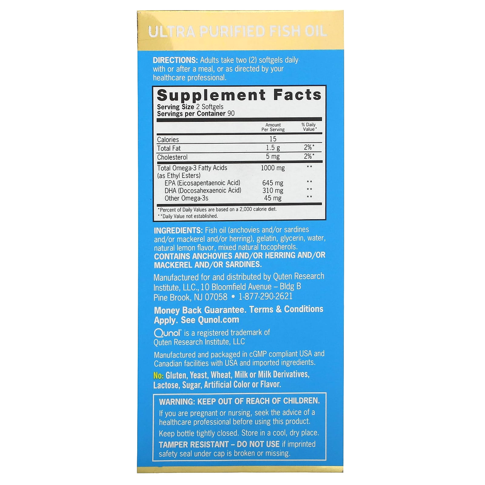 Qunol, ультраомега-3, рыбий жир, со вкусом лимона, 180 мини-капсул (500 мг в капсуле)