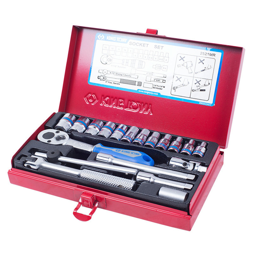 Набор торцевых головок с принадлежностями 1/4&quot;, шестигранные, 4-13 мм, 19 предметов KING TONY 2521MR