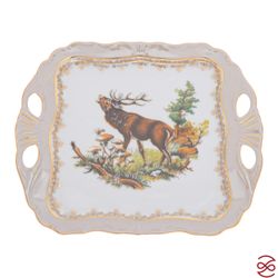 Блюдо квадратное на ножке Queen's Crown Aristokrat Охота бежевая 30*25 см