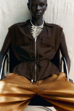 ZARA ЖИЛЕТ ИЗ ЛЬНА, КОРИЧНЕВЫЙ