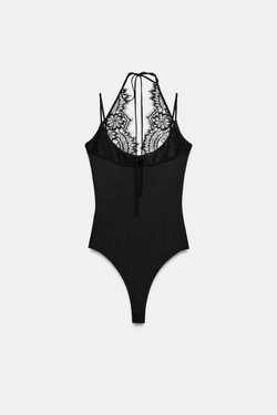 ZARA БОДИ ХАЛТЕР С КОМБИНИРОВАННЫМ КРУЖЕВОМ, ЧЕРНЫЙ