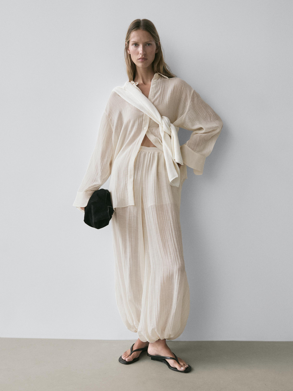 Massimo Dutti Струящиеся брюки-саруэль с плиссированной отделкой, цвет слоновой кости