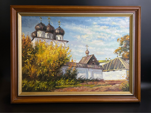 Картина "Вятка. Осень" с изображением Успенского Трифонова монастыря, в раме, художник В. Чернов, холст, масло, дерево, 2004 г.