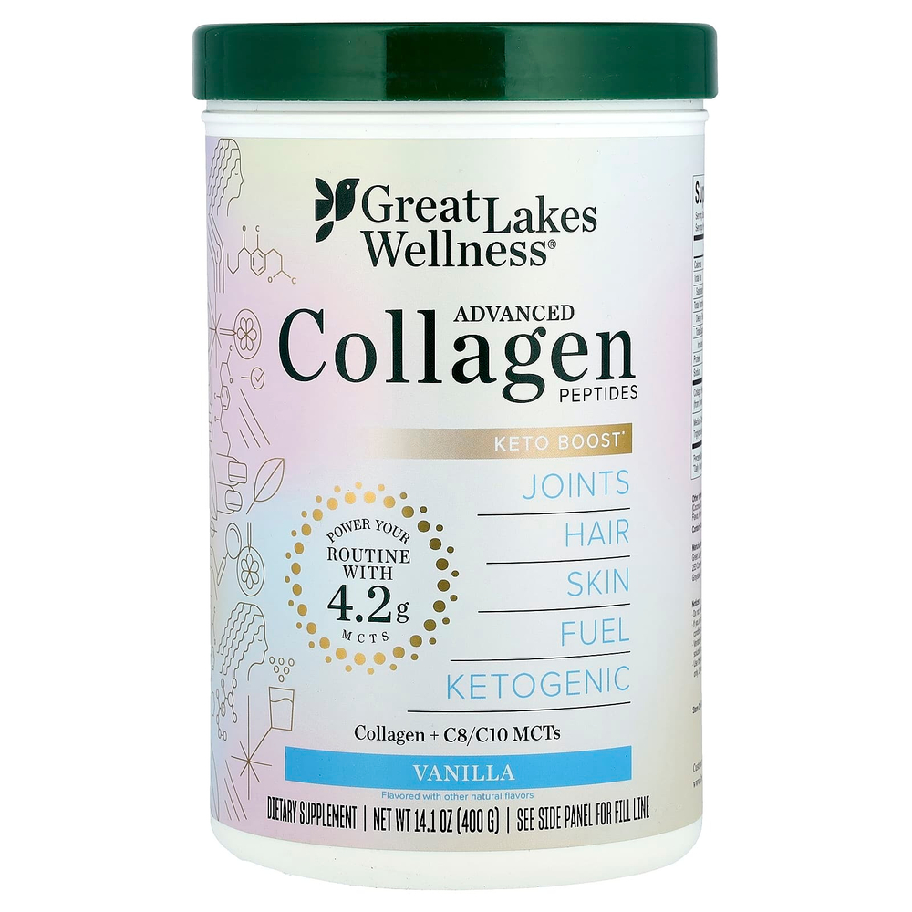 Great Lakes Wellness, улучшенные пептиды коллагена, с ванильным вкусом, 400 г (14,1 унции)