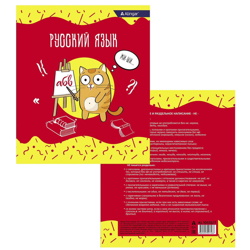 Тетрадь предметная 24л. А5 "Русский язык " со справочным материалом, скрепка, мелованный картон (стандарт), блок офсет, Alingar "Умный котик"