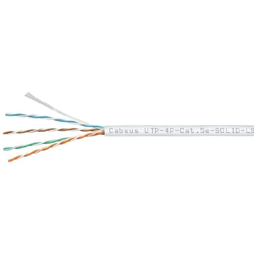 Витая пара Cabeus UTP-4P-Cat.5e-SOLID-LSZH-WH Кабель витая пара UTP (U/UTP), категория 5e, 4 пары (24 AWG), одножильный, белый, LSZH, нг(А)-HF, (305 м)