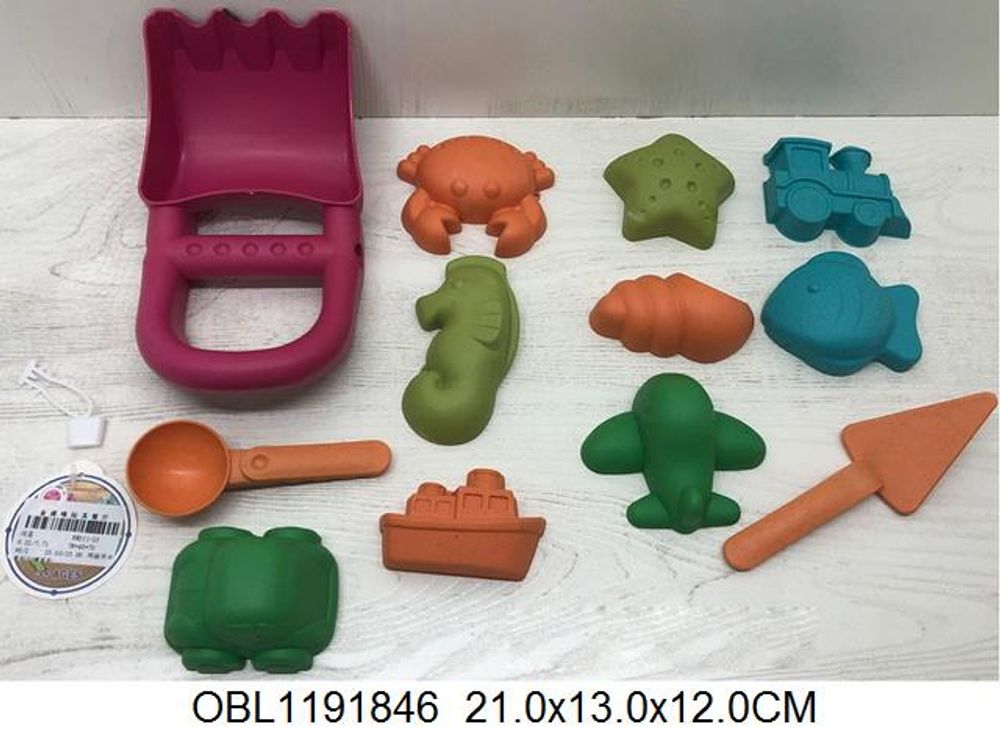 Набор для игры в песок 5 предм. грабли, лопатка, мастерок, 2 совка, сито, 9 формочек, сетка OBL11918