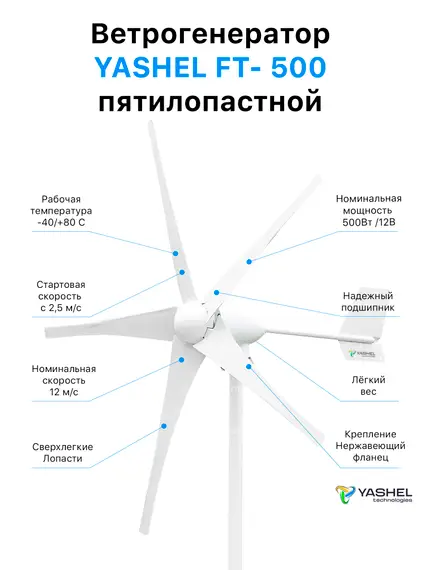 Ветрогенератор 500 YASHEL FT-500/12V (5-ти лопастной)