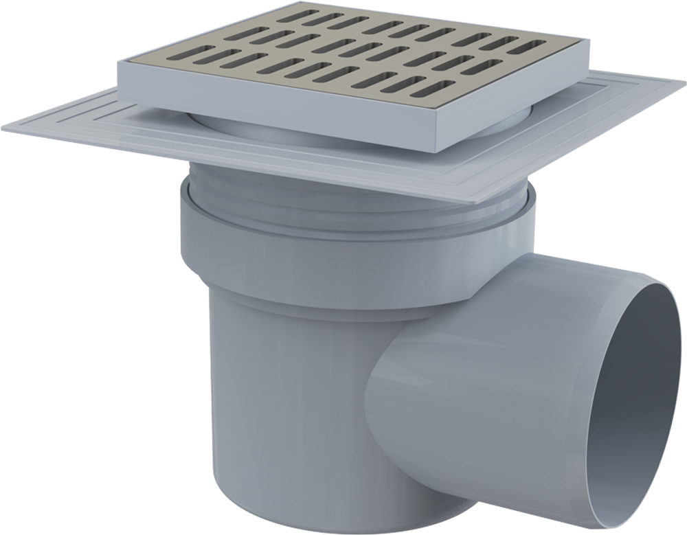 Сливной трап APV12 150 × 150/110, подводка – боковая, решетка – нержавеющая сталь