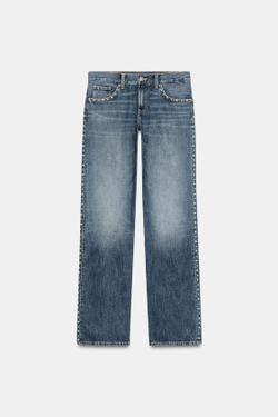 ZARA ДЖИНСЫ TRF SLUNG С НИЗКОЙ ПОСАДКОЙ И ЗАКЛЕПКАМИ, СИНИЙ