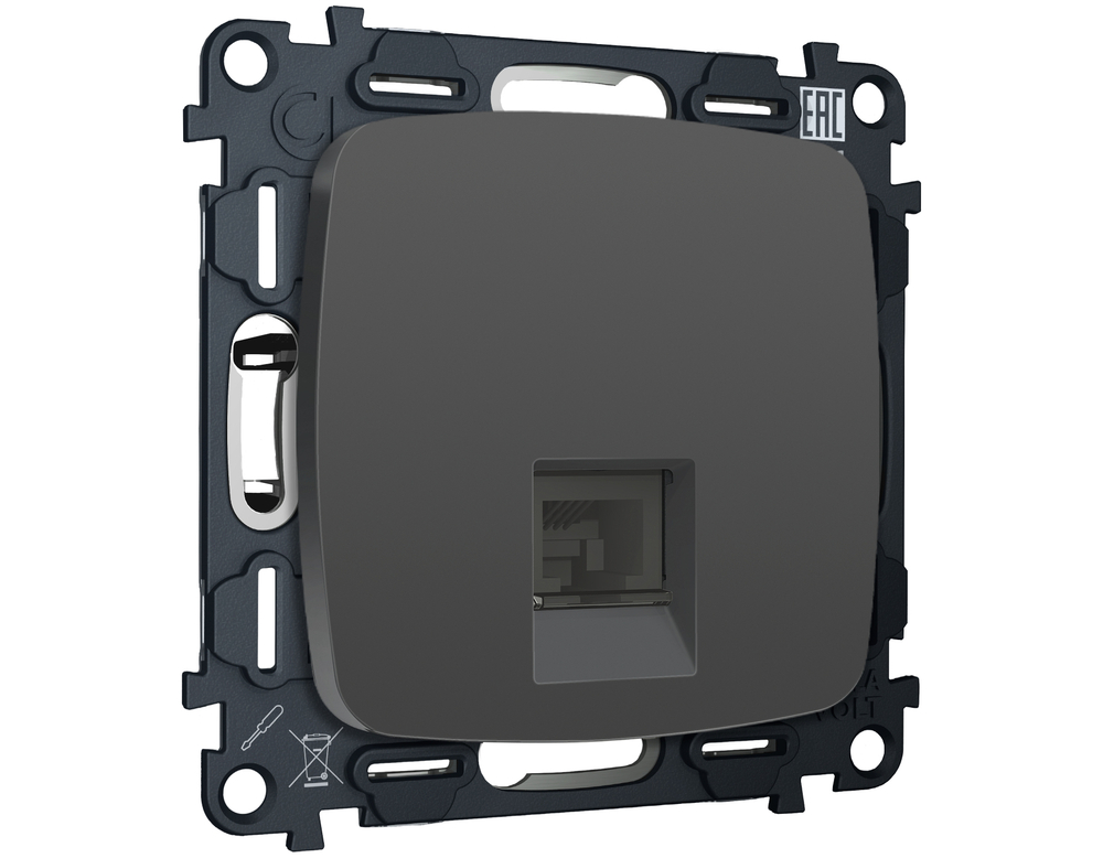 MO912010 Комплект механизма компьютерной розетки OMEGA Графит мягкое касание RJ-45(8P8C) CAT6 с шторкой QUANT (OP9120, VM188)