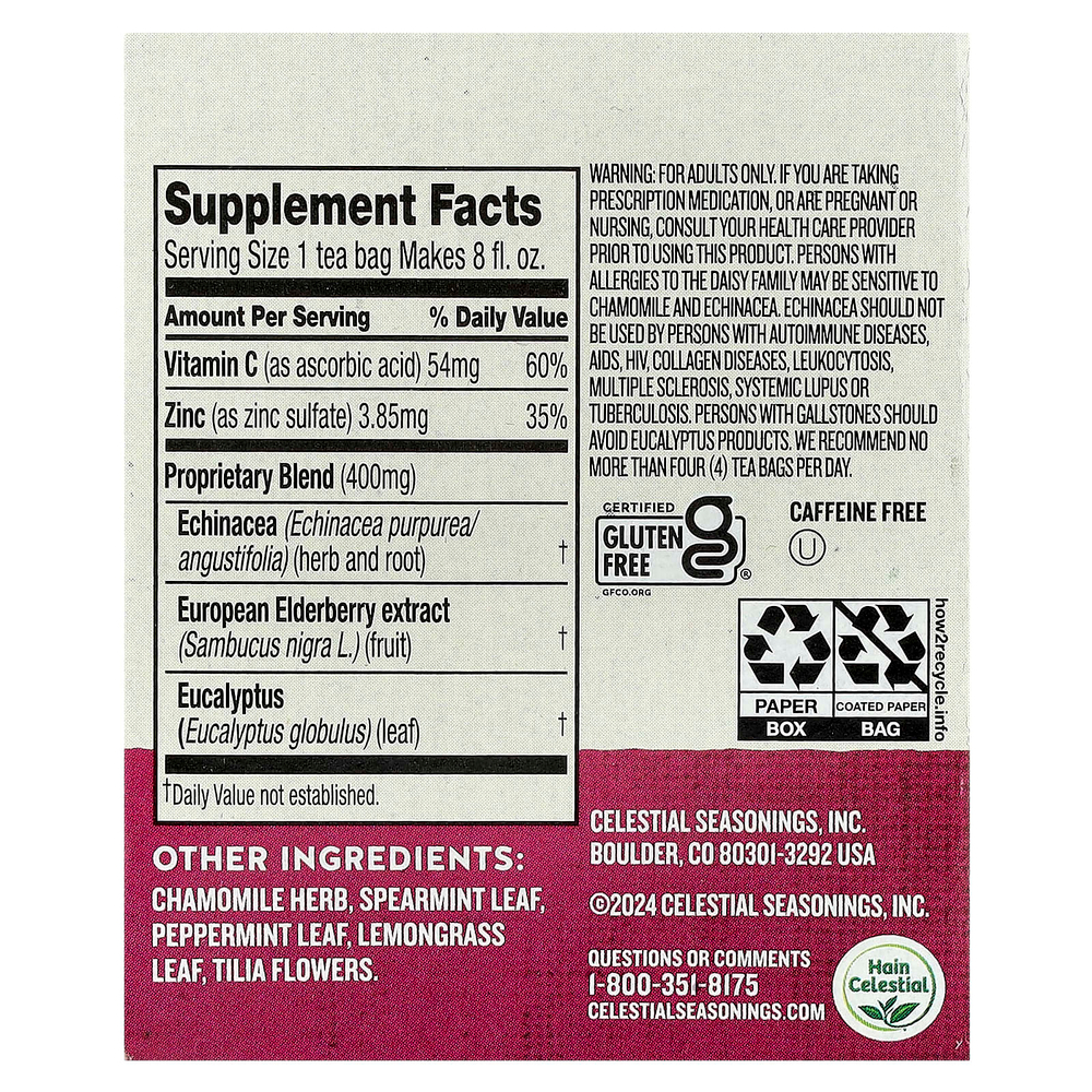 Celestial Seasonings, Wellness Tea, Sleepytime® для поддержки иммунитета и эхинацеи, без кофеина, 20 чайных пакетиков, 36 г (1,3 унции)
