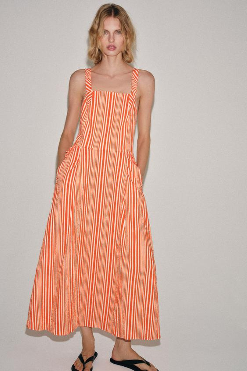 ZARA ПЛАТЬЕ МИДИ В ПОЛОСКУ — ZW COLLECTION, ОРАНЖЕВЫЙ
