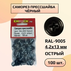 Саморезы прессшайба 4,2х13 мм острый Черный RAL-9005 (100 шт.) ЁЖкрепЁЖ.