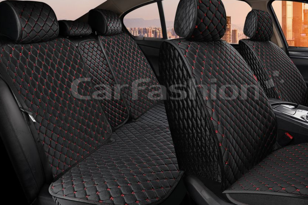 Накидки сидений ПОЛНЫЙ CarFashion (кт) -«SULTAN PLUS» 22722 РОМБ -Велюр черный/черный/шов красный