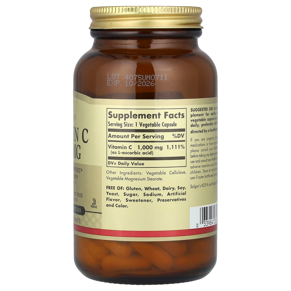 Solgar, витамин C, 1000 мг, 100 растительных капсул