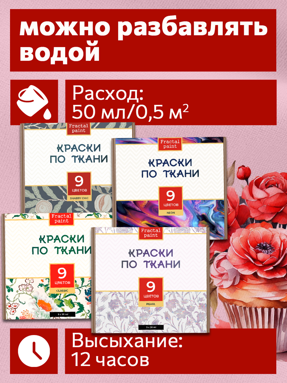Краски по ткани «Сlassic» 9 цв., «Shabby Chic» 9 цв., «Perl» 9 цв. и «Neon» 9 цв. по 20 мл